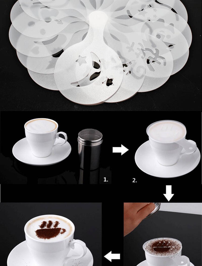 8 Stks/set Koffie Stencils Fancy Koffie Afdrukken Model Schuim Spuiten Taart Stencils Koffie Tekening Cappuccino Mold Cake Decoratie