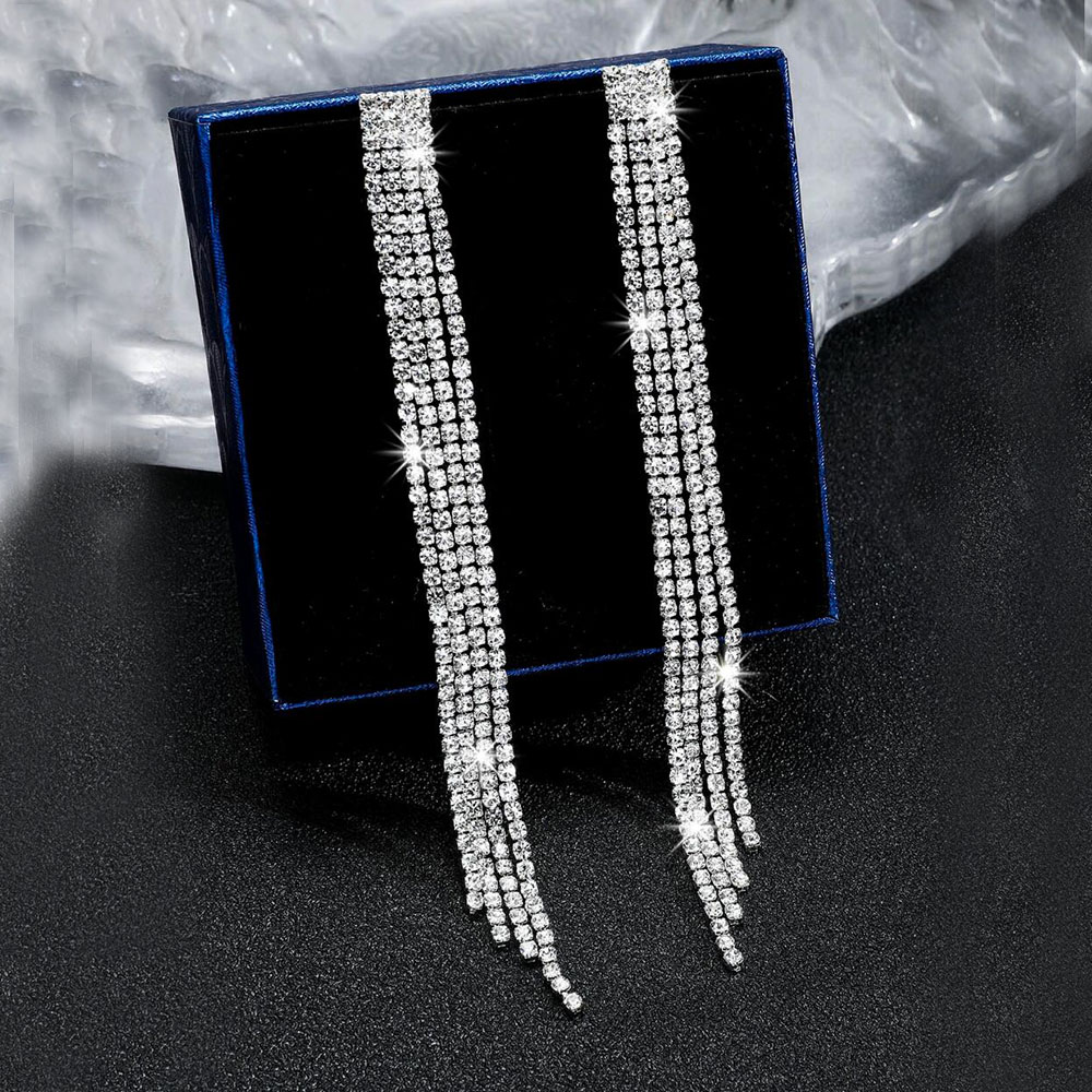 Treazy-Strass cristal borla brincos longos para mulheres, brincos pendurados pendurados, festa de casamento, brincos nupciais, brilhantes, 4 linhas