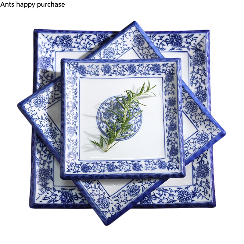 Ceramika niebiesko-biała patelnia robić steków restauracja zachodnia płyta strona główna kwadratowe płytki talerz hotel dekoracyjne zastawy stołbyć winnym płytkie naczynie