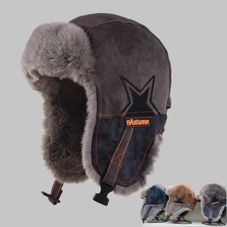 Half Star Thicken Faux Fur Earflap Hat Ushanka Bomber Unisex Winter Ski Ride Travel Casual Warm Cap Color Match