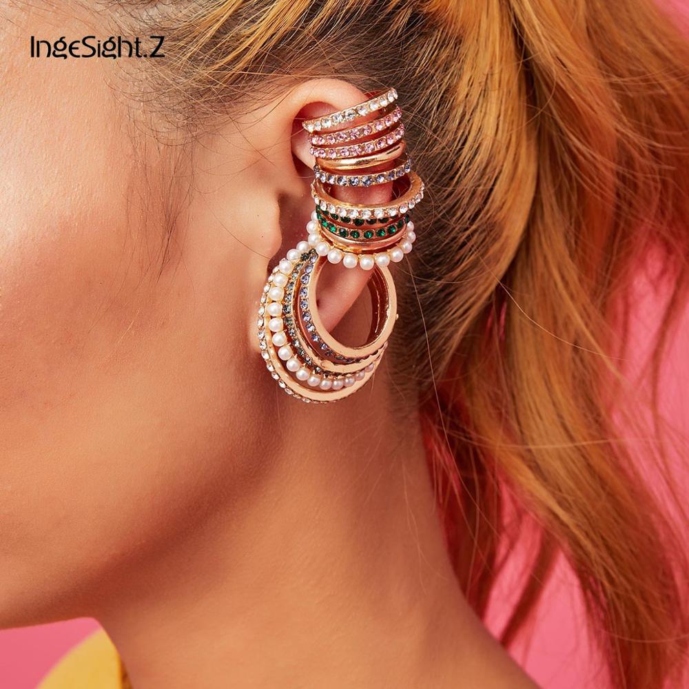 IngeSight.Z Luxury Bling Rhinestone Clip Earrings Without Piercing Punk Shiny Rainbow Crystal Cuff Earrings for Women Jewelry