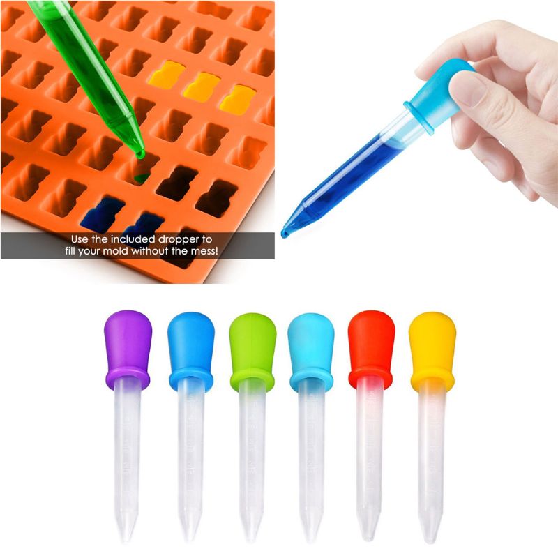 6 sztuk kroplomierzem cieczy, pipety silikonowe i plastikowe przenosić kroplomierzem z końcówką żarówki dla cukierek olej kuchnia dzieci Gummy zrobienie-