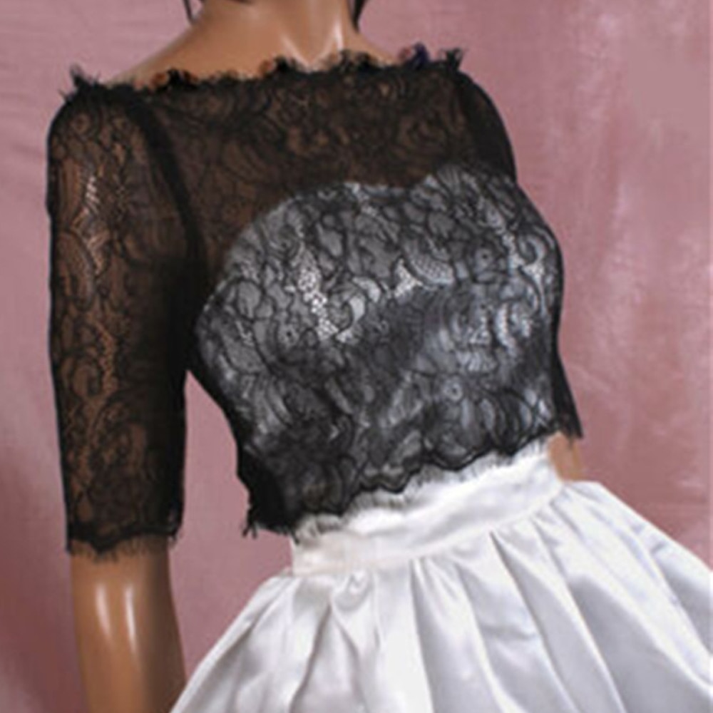 Kanten bruidsbolero, off-shoulder, halflange zwarte bruidsjas, jasje, bruidsjasjes