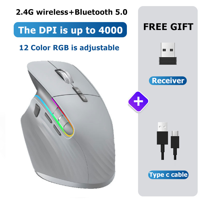 JOMAA czarna 2.4G bezprzewodowa mysz Bluetooth RGB akumulator ergonomiczna konstrukcja myszy komputerowe dla gry komputerowe mysz biurowa: Jasno szary