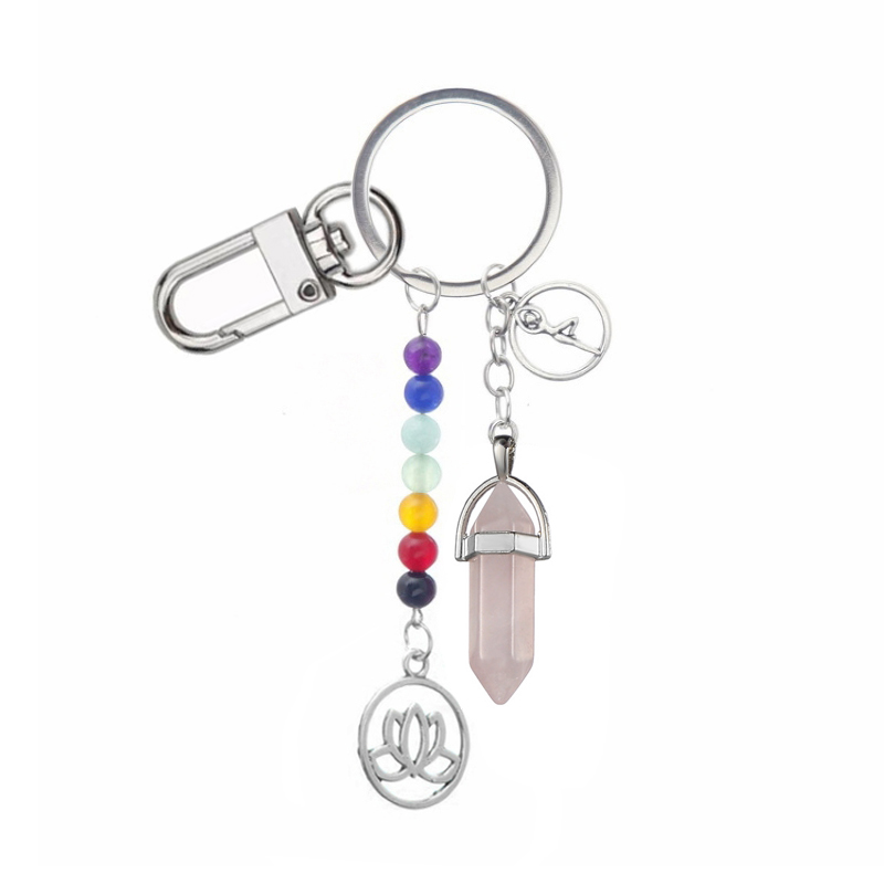 7 Chakra Energie Yoga Fitness Stenen Kralen Sleutelhanger Vrouwen Natuurlijke Zeshoekige Kolom Roze Steen Sleutelhanger Sieraden: light pink