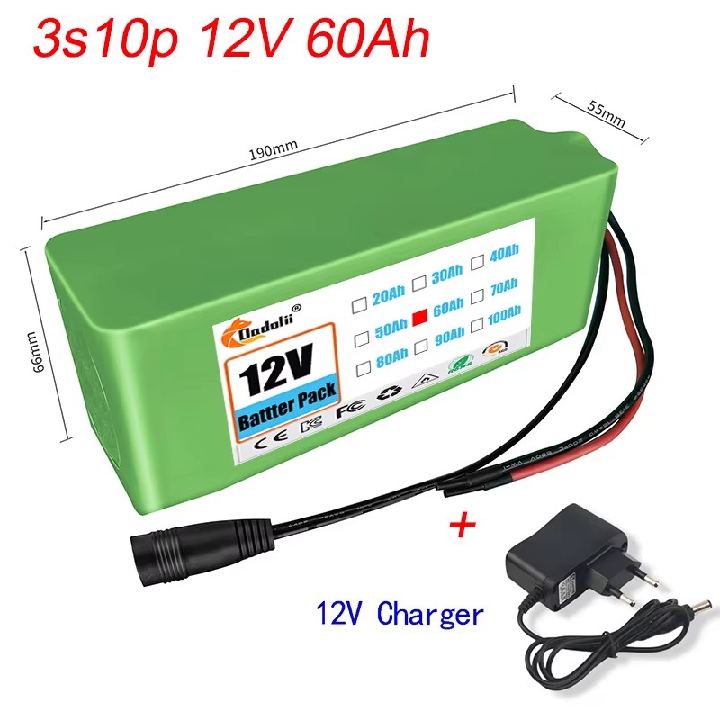 Paquete de batería recargable de iones de litio, 12V, 60Ah, 3S10P, 18650, para cámara eléctrica de juguete, baterías de iluminación LED con cargador: Default Title