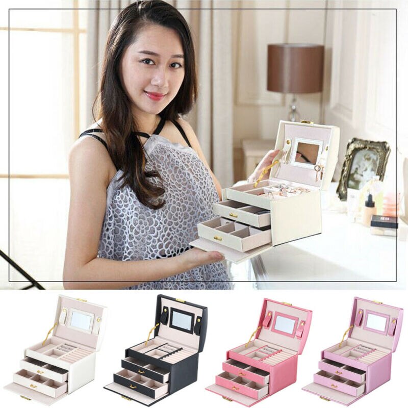Jewellery Box Rings Necklaces Bracelets Jewelry Storage Organiser Drawer Cabinet 3-Layers 2-Drawers Carrying Storage Case