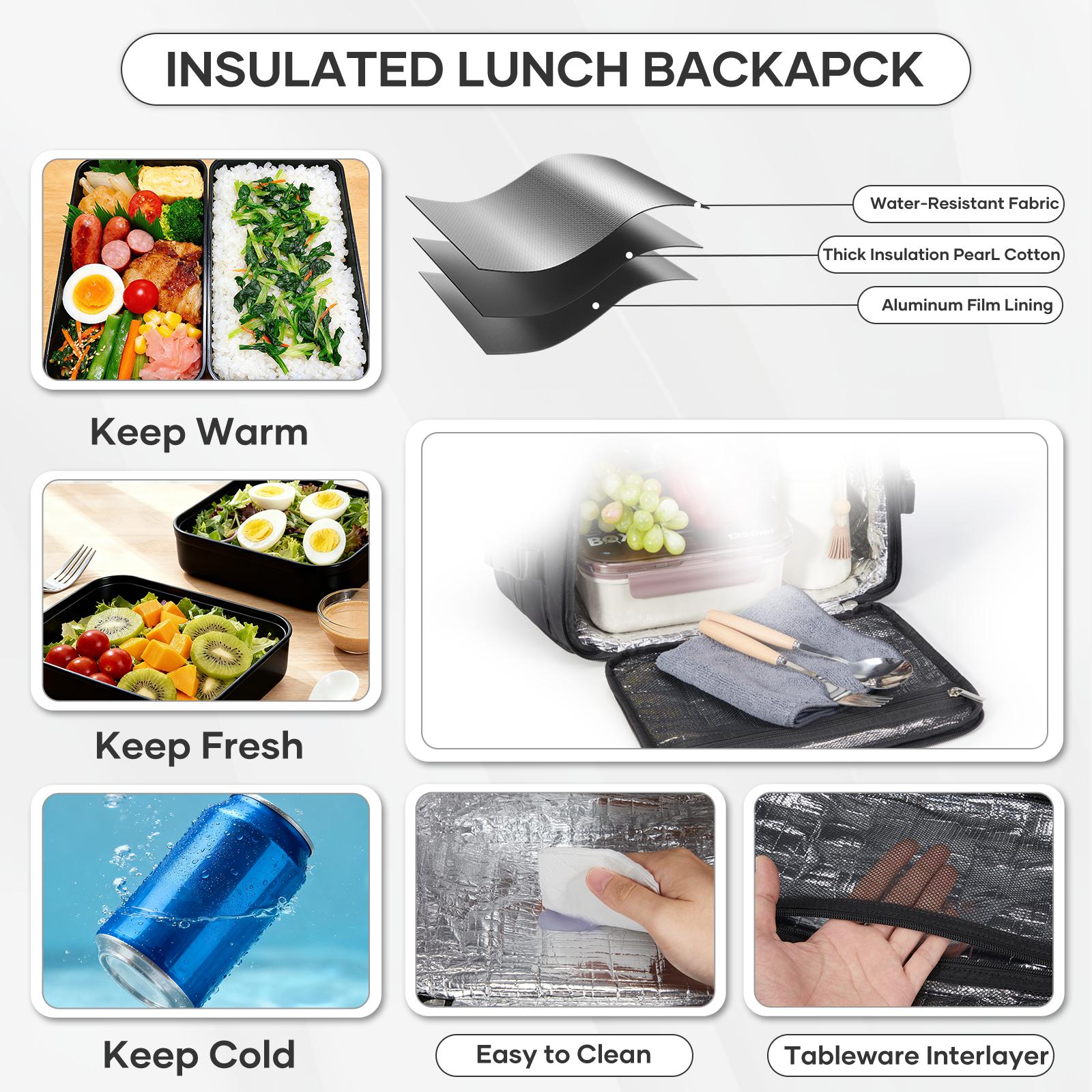 Mochila de almuerzo Mochila para hombre con fiambrera, mochila para portátil de 15,6 pulgadas Mochila de viaje, mochila de trabajo negra, fiambrera impermeable