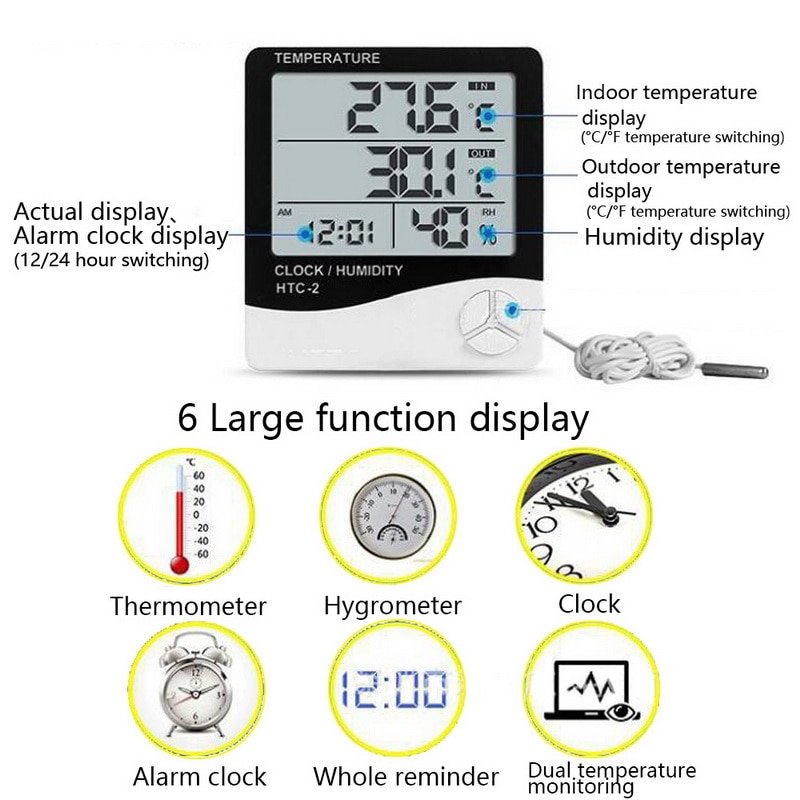 Lcd digital vækkeur temperatur luftfugtighedsmåler indendørs udendørs hygrometer termometer hukommelse vejrstation htc -1 htc -2