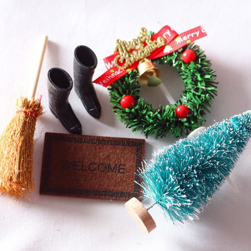 5Pcs/Set Dollhouse1:12 House Door Christmas Tree Christmas Wreath Decoration Set Decoration