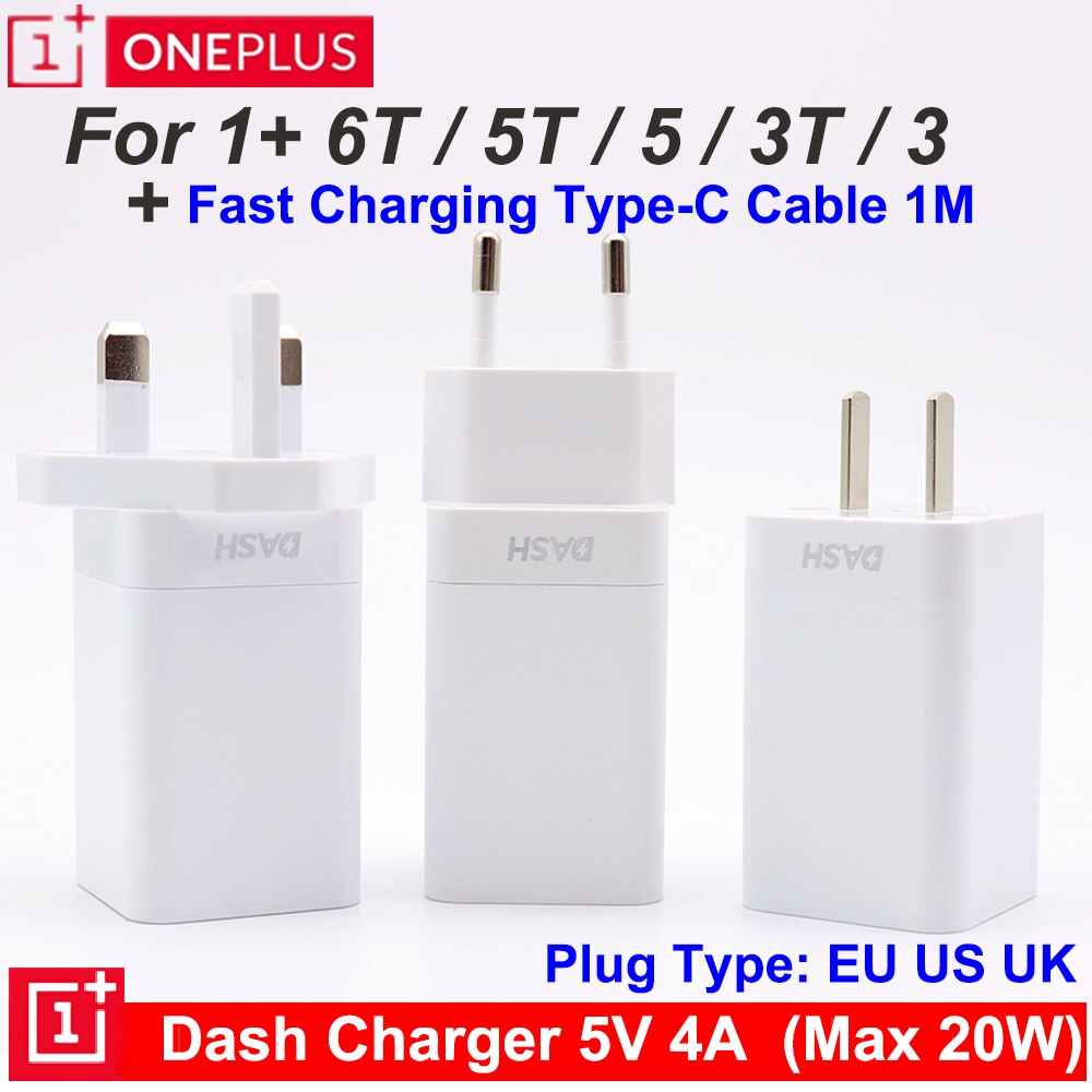 Eu/us /uk 20w original oneplus dash charger 5v/4a schnellladekabel 1m usb-c dash-kabel netzteil für oneplus 6t 5t 5 3t 3
