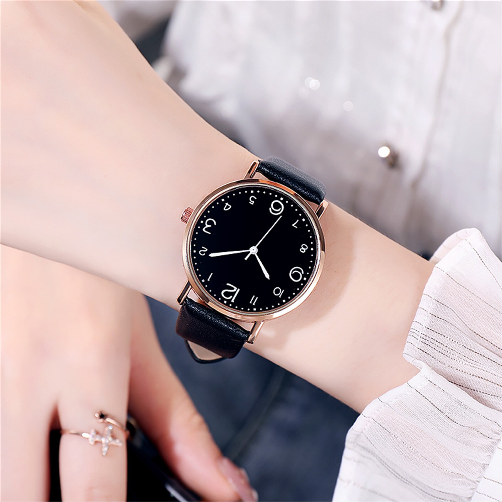Reloj de cuarzo para mujer, correa de cuero PU, esfera negra, reloj de pulsera analógico, reloj de pulsera para mujer, relojes Reloj de cristal zegarek damski
