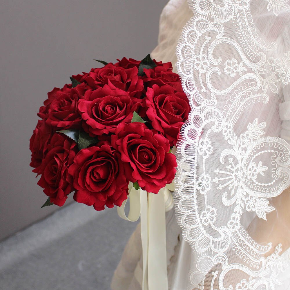 Ekte bilder kunstig rød rose bryllupsbukett vakre bryllupstilbehør brudebukett de mariage