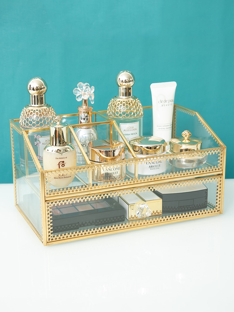 Messing Glas Cosmetische Organizer Box Badkamer Opslag Make Parfum Opslag Nagellak Lippenstift Houder Lade Display Plank