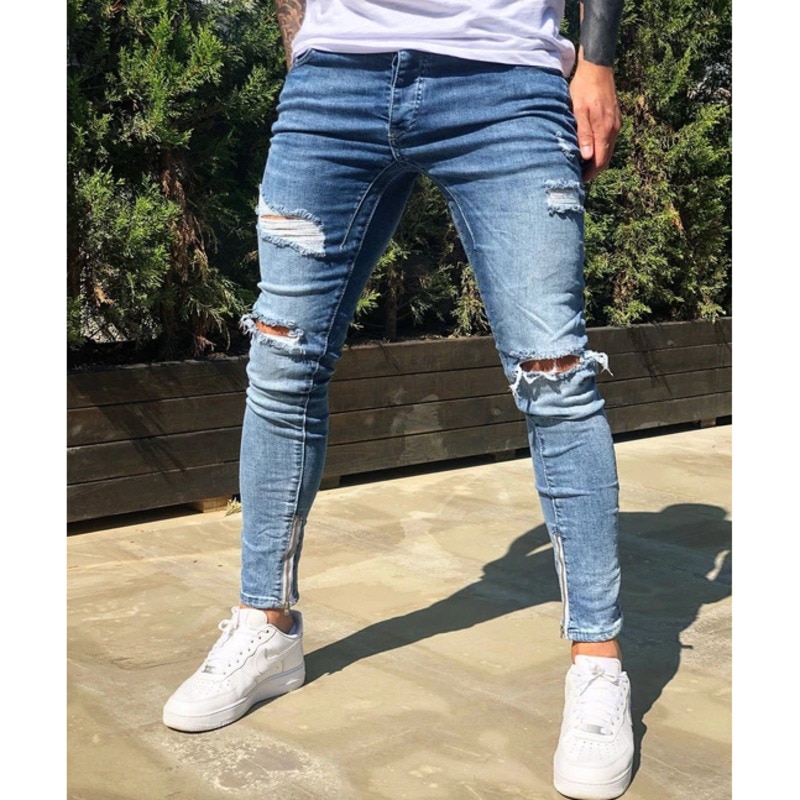 Herre jeans blå seje skinny rippet stretch slank elastisk denim bukser stor størrelse til mandlige forår sommer hip hop streetwear