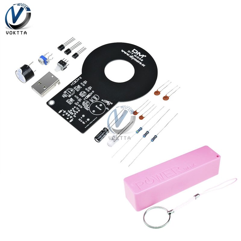 Metaldetektor sæt  dc 3v-5v 60mm detektiv berøringsfri sensor modul med 18650 usb power bank box gør det selv sæt metaldetektor finder: Med lyserød kasse
