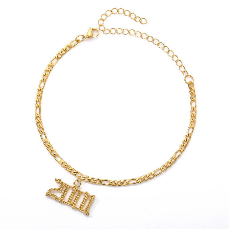 Bracelet cheville numéro d'année bracelets de cheville pour femme boho bijoux lien cubain chaîne de pied acier inoxydable police ancienne anglaise bracelet de cheville or: 2001