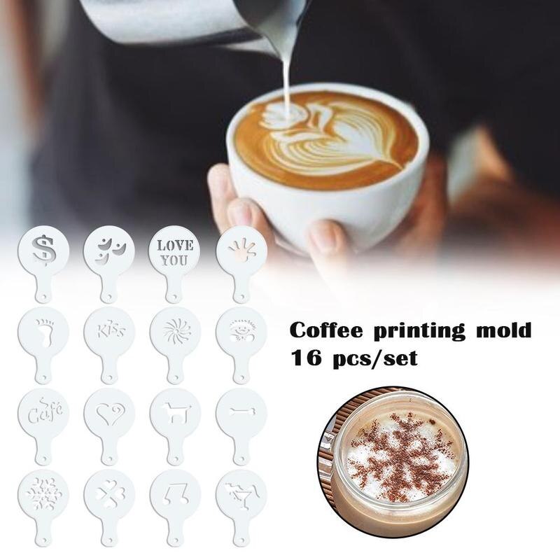 16pcs/set Funny Coffee Latte Cappuccino Coffee Pad Duster Strew For Coffee Decor Template Stencils Art Flowers Spr R0T4