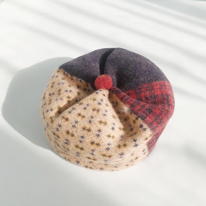 Gorros de invierno para mujer, gorros de lana estilo británico Vintage para chica, sombrero de pintor artístico para mujer, gorro octogonal de lana de otoño e invierno con retazos
