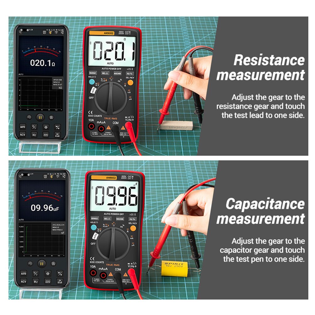 AN9002 Auto-Range Tester Home Bluetooth Digital Multimeter APP True Rms 6000 Counts Current Voltage Smart Tool