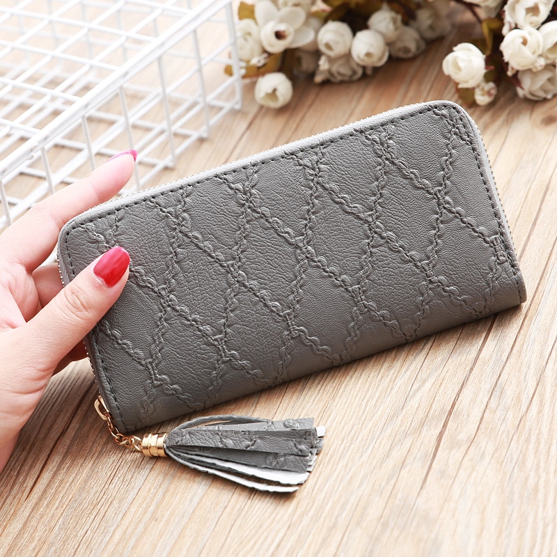 Vrouwen portemonnee met kwastjes, lange clutch, grote capaciteit, portemonnees met ruitvormige rits, damesportemonnee, telefoonvakje, kaarthouder, carteras: Lichtgrijs
