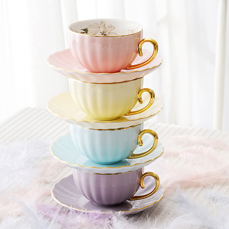 Tasses et soucoupes en céramique, tasse à café et thé à fleurs, plateau à bordure dorée, tasses à café avec assiette à Dessert, verres de Style européen,
