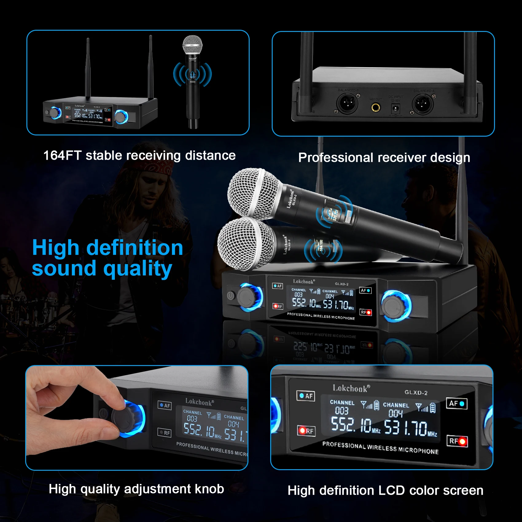 GLXD2 Wireless Microphone system Dual Channel UHF Fixed Frequency Cordless Handheld Dynamic Mic For Karaoke Party
