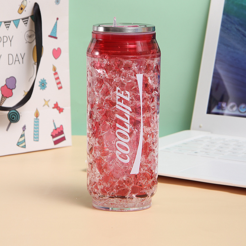 Śliczne dwuwarstwowa plastikowa butelka wody koksowniczej zgnieciona słoma lodowa 450ml kubek BPA bezpłatne naciskać pokrywa podróż oraz wycieczka Puchar prezent urodzinowy: czerwony