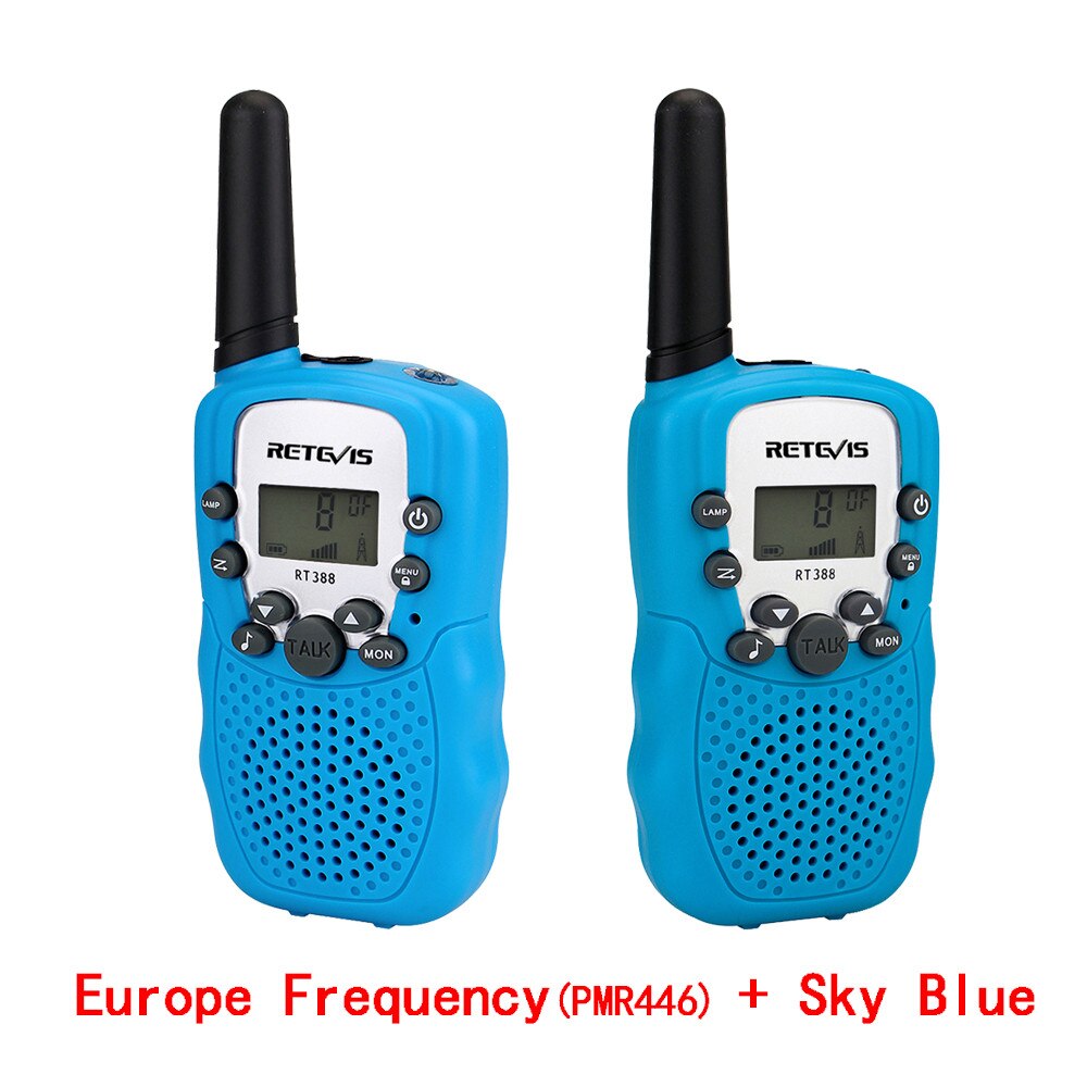 Mini rádio de duas vias para crianças, rádio duas peças de walkie talkie retevis rt388 pmr446 pmr frs/gmrs, transmissor prático para crianças headset woki toki + 2 peças: EU Freq and Sky Blue