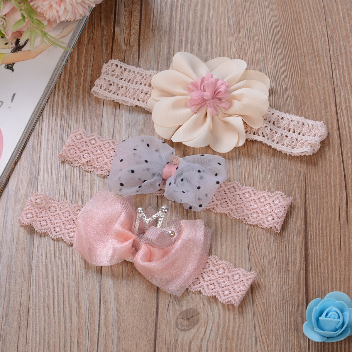 3Pcs Baby Girls Lace Headbands Set Sweet Polka Dot Bowknot Flower Crown Hair Band Infant Princess Photography Props