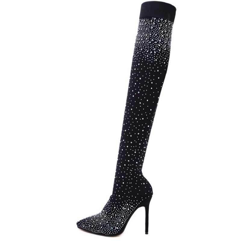 Zoelea femmes cristal Stretch tissu chaussette bottes bout pointu sur le genou talon cuisse haut bout pointu femme botte