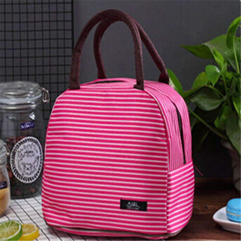 Brand Cooler Geïsoleerde Canvas Picknick Draagbare Streep Lunch Tas Doos Opbergtas Voor Unisex Thermische Voedsel: Roze