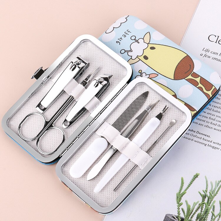 7 PCS Nail Clippers Kit Stainless Steel Compact Portable Complete Multi-purpose Nail Cutter Scissor Manicure Pedicure Tool: 7pcs Giraffe