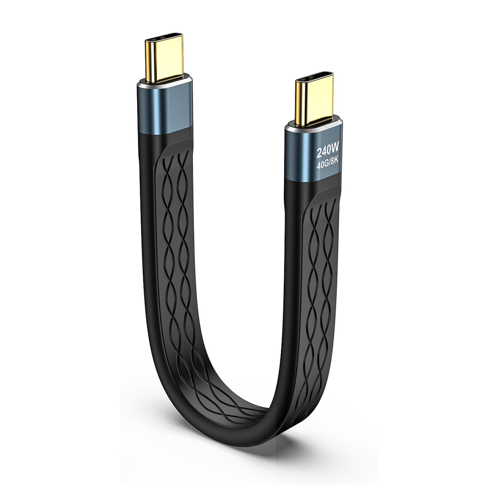 USB-C naar USB-C 240W korte kabel Snel opladen Type-C-snoer 40Gbps gegevensoverdracht 8K platte slanke FPC-gegevensoplaadverlengkabel ﻿: zwart