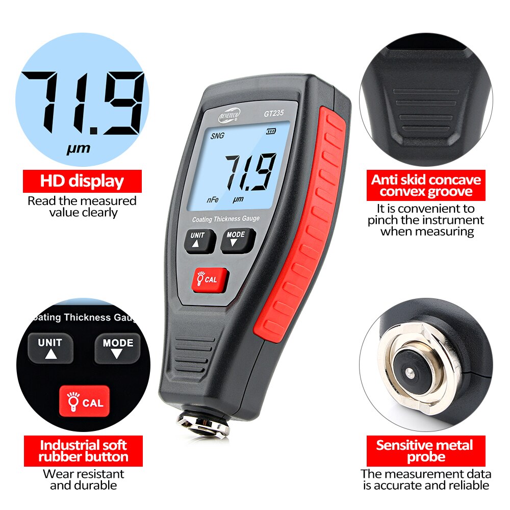 Auto Verf Apparatuur Laagdiktemeter Verf Diktemeter Meter Verf Diepte Gauge Tester 0 ~ 1800μm Rz Verf Maatregel GT235