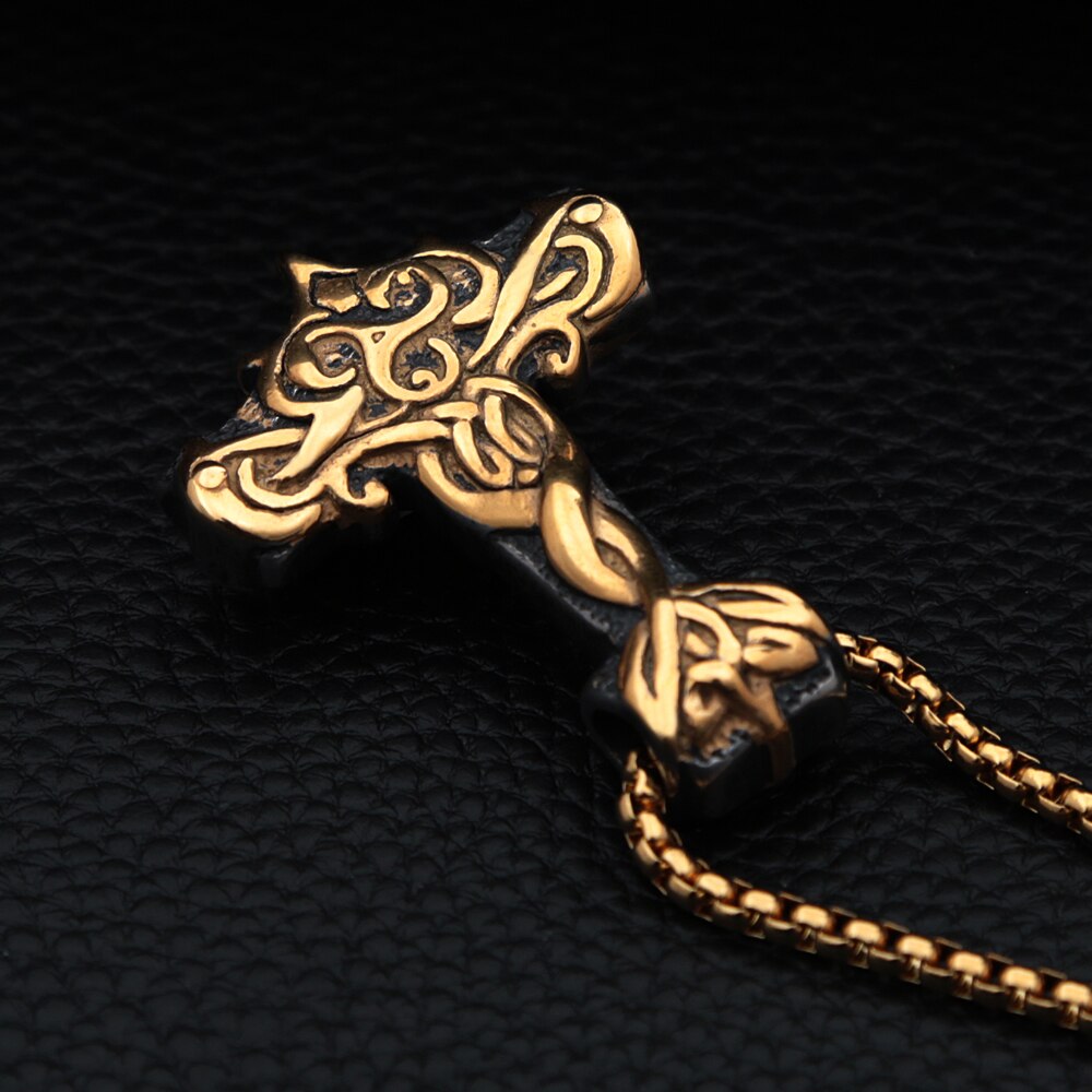 Golden Vintage Vikings Thor Hammer Pendant Stainless Steel Celtic Knot Biker Necklace For Men Amulet Jewelry