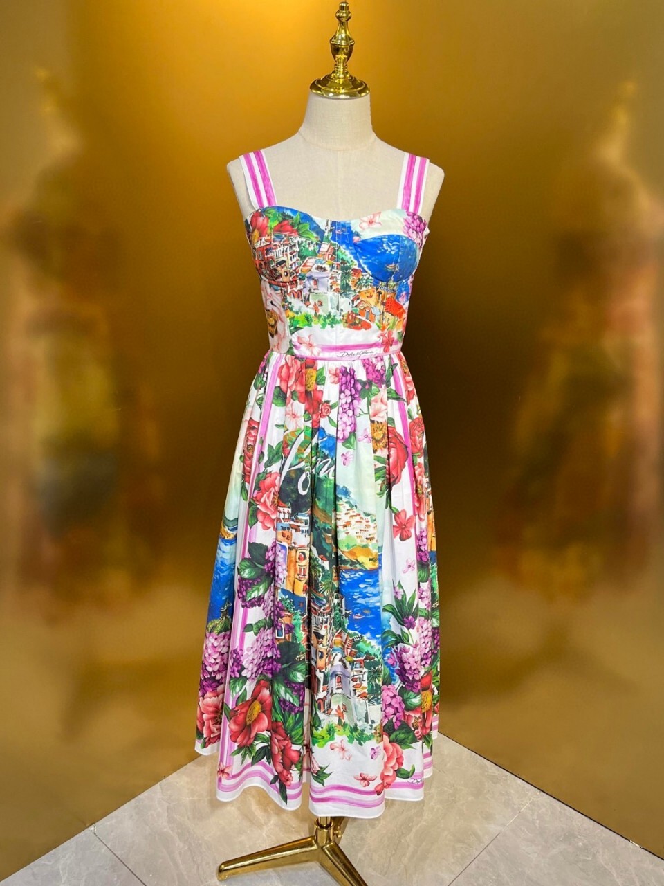 Sommerferien Landebahn Blume Midi Ballkleid Frauen elastische sexy rücken freie Träger Empire Print Sommerkleid Party Vestidos: S