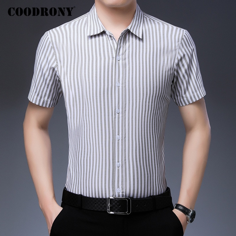 Coodrony raidallinen puuvillapaita miehet business casual paidat miesten vaatteet kevät kesä lyhythihainen camisa social masculina  c6033s