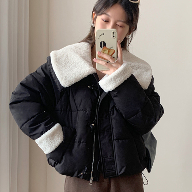 Chic Faux Lamb Wool Collar Parkas for Women Winter Mix Color Cotton Padded Jackets Woman Pockets Warm Parkas Female