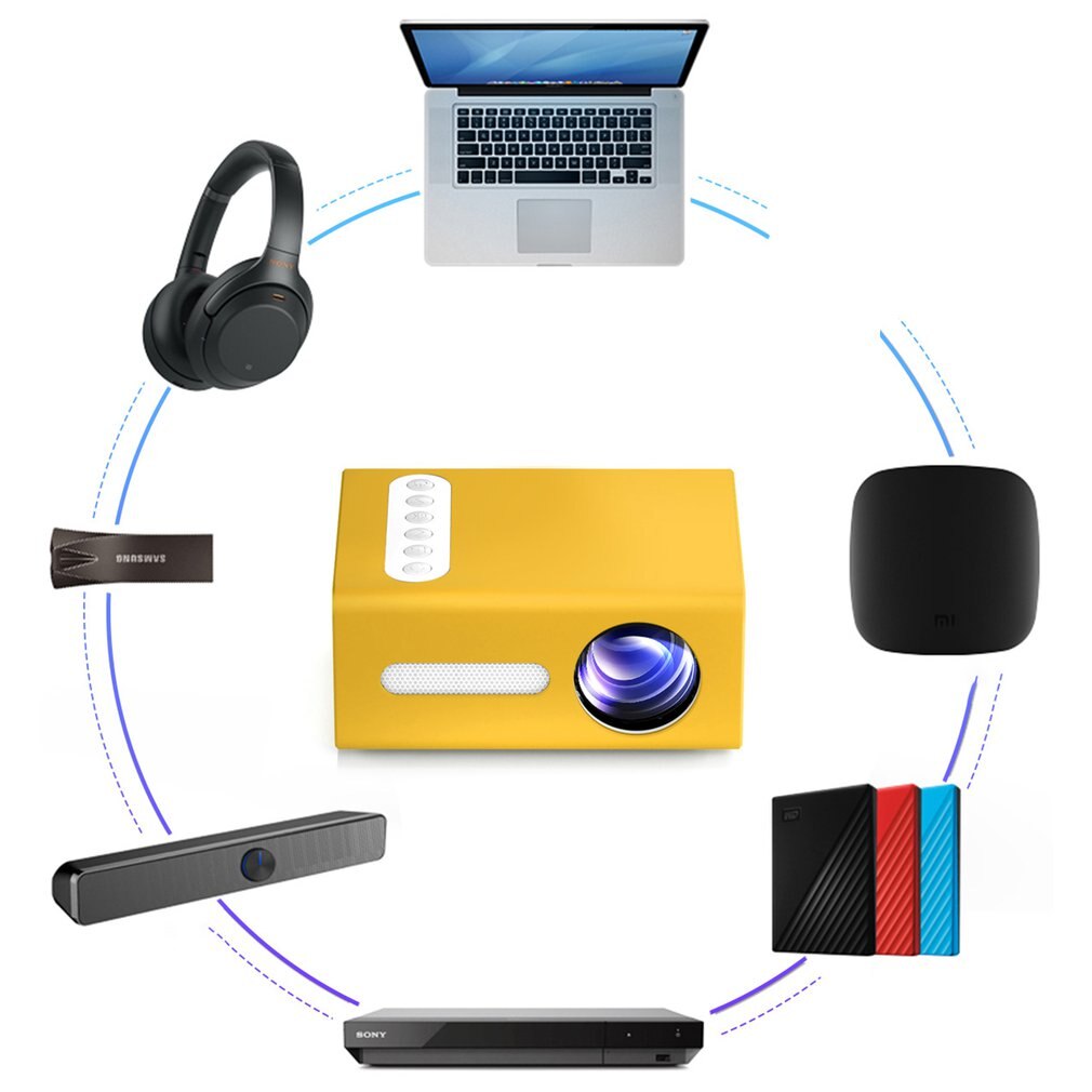 Yellow T300 Portable Projector High Definition Efficient LED Projector Multi Interface Home Theater Video Projector