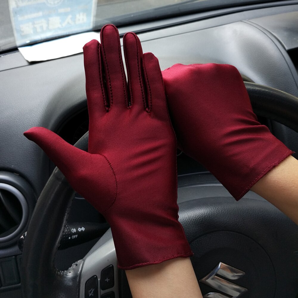 Summer Thin Sun Protection Gloves Unisex Dots Printed Etiquette Dance Gloves Pure Color Elastic Cycling Driving Glove: wine red