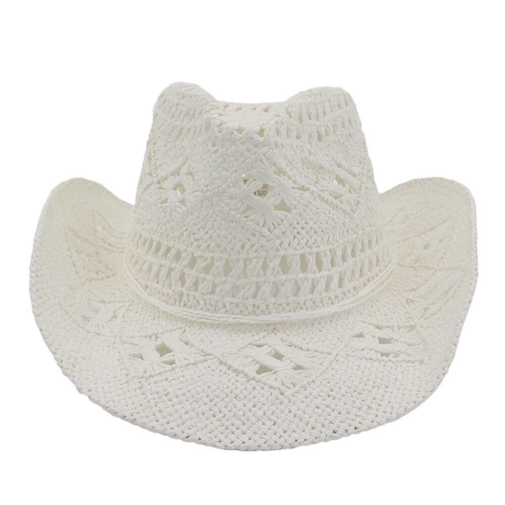 Buttermere strå sommerhat dame solhat håndstrik western cowboy cowgirl hat udhulet khaki kvinder mænd unisex solhat: Hvid