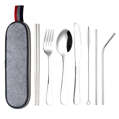 8 stk / sæt bordservice genanvendeligt rejsebestikssæt camp redskaber sæt med rustfrit stål ske gaffel spisepinde halm bærbar sag: Sølv