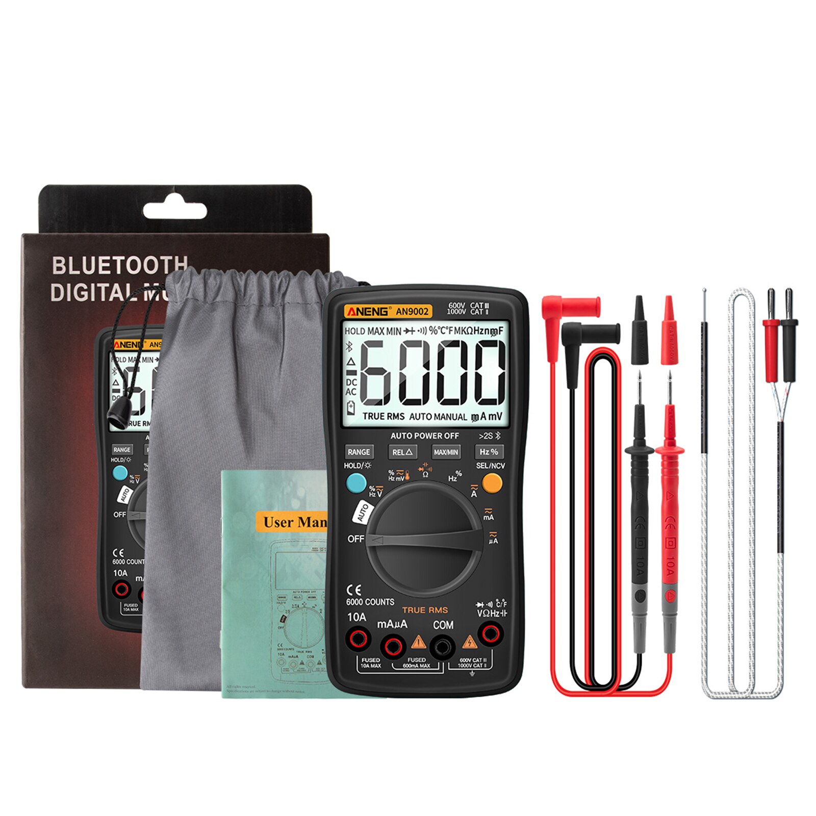 jakiś9002 cyfrowy multimetr Bluetooth 6000 zlicza profesjonalny MultimetroTrue RMS AC/DC woltomierz automatyczny-zakres: czarny zestaw A