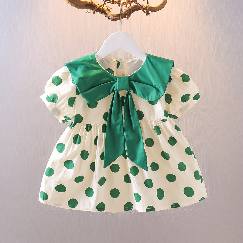 Vestido de verano con estampado de lunares para niñas, vestidos de estilo informal, ropa de de princesa: Green / 100