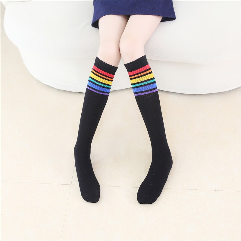 Calcetines por encima de la rodilla con de arcoíris para mujer, medias de invierno con rayas de arcoíris, urbana, para chica: Negro / L