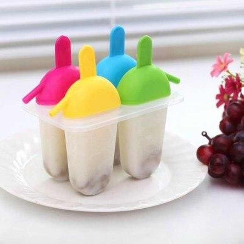 4 Cells Ice Cream Tubs with Stick Silicone Ice Cream Maker Mold Tray Freezer Candy Bar Juice Popsicle Making Tool
