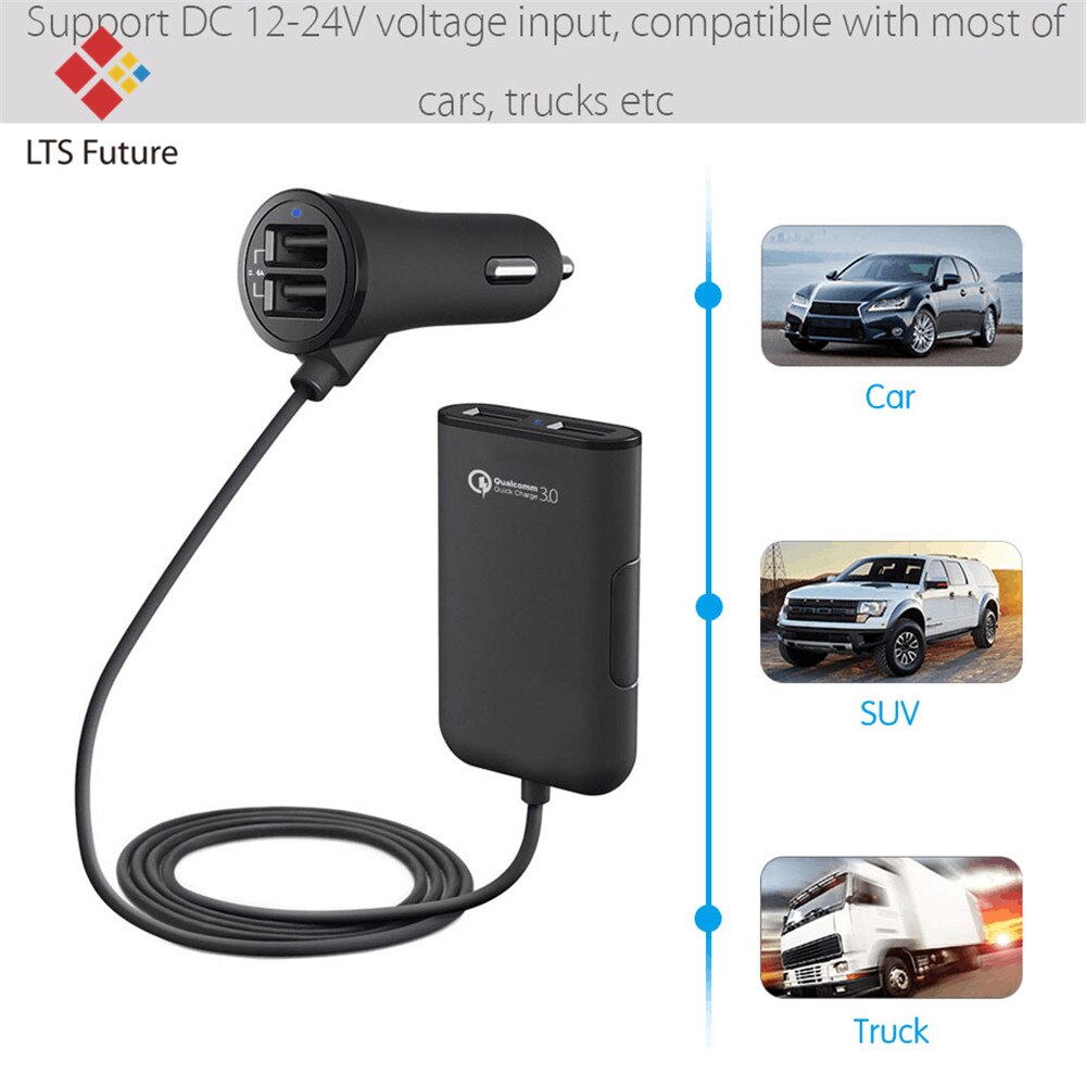 Câble Long banquette arrière voiture téléphone chargeur Multi USB Extension adaptateur arrière siège arrière Auto véhicule Multiple Port QC 3.0 chargeur rapide