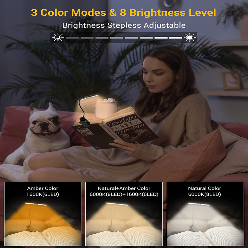 Oppladbar boklampe justerbar doble hoder øyepleie leselampe klipsbar bok/skrivebord trinnløs dimming 24 moduser berøringskontroll