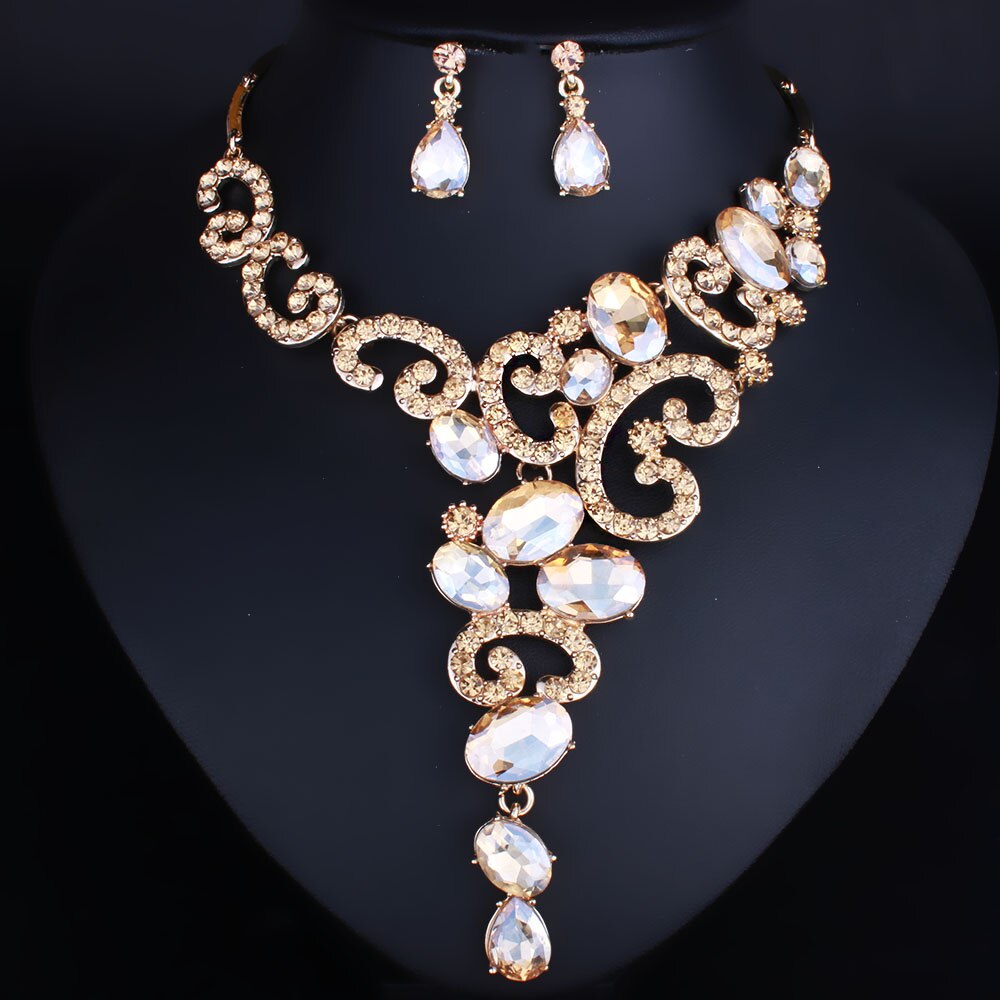 Jewelry Silver plated Crystal Rhinestones Necklace and Earrings set Women Bridal Wedding Jewelry sets